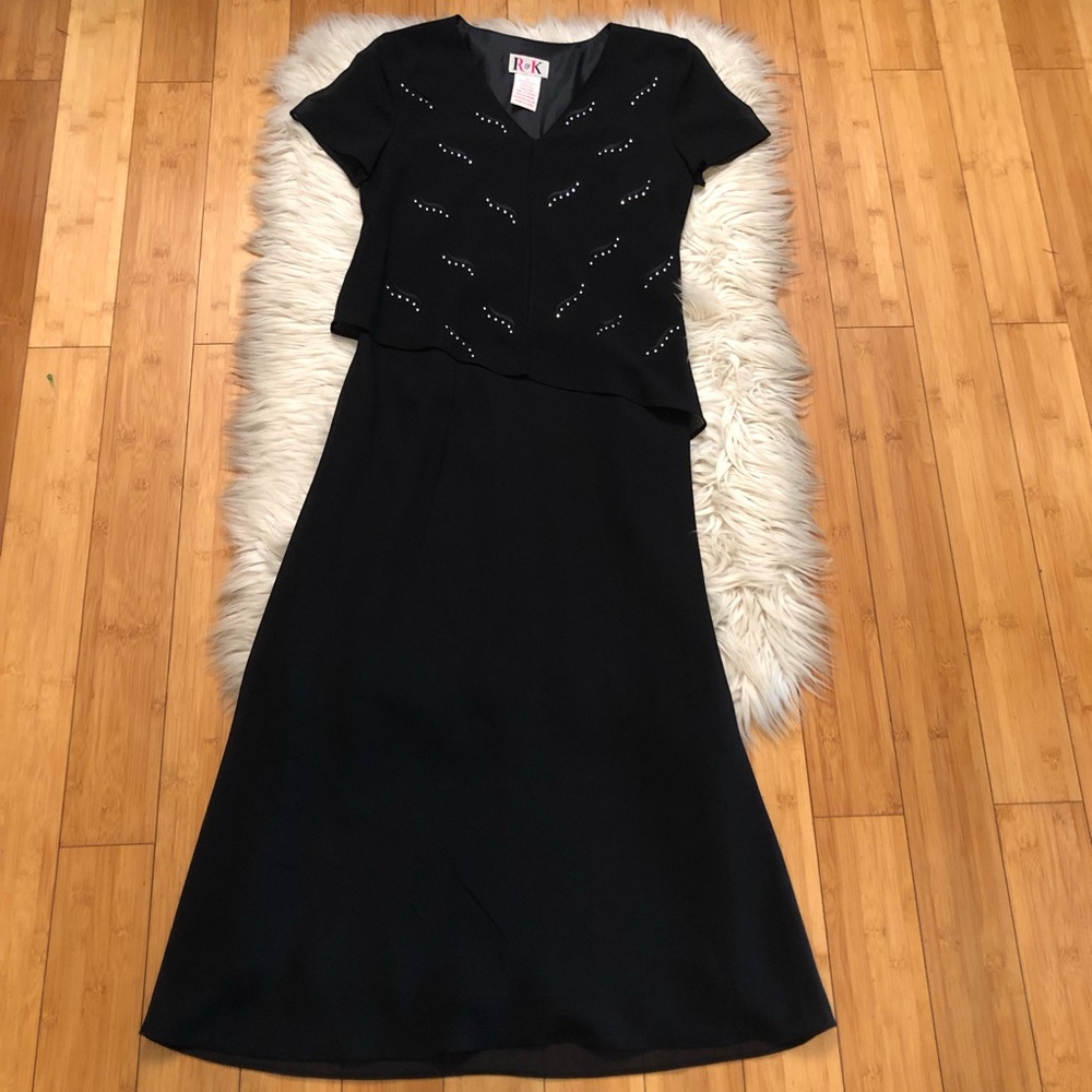 Vintage R&K Black Dress Rhinestone Embroidered Layer Black Maxi Dress size 6